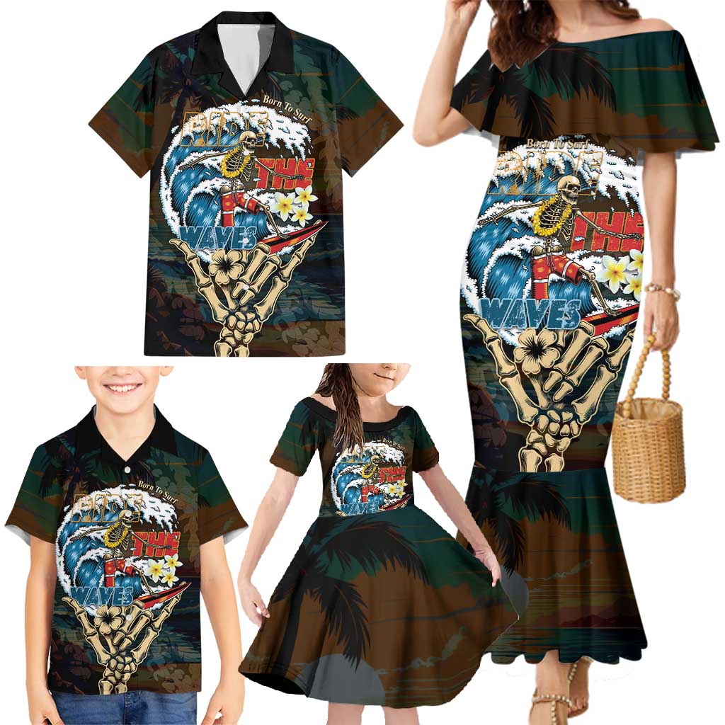 Aloha Hawaii Surfing Skull Family Matching Mermaid Dress and Hawaiian Shirt Shaka Skeleton Ride The Waves - Polynesian Pride