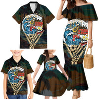 Aloha Hawaii Surfing Skull Family Matching Mermaid Dress and Hawaiian Shirt Shaka Skeleton Ride The Waves - Polynesian Pride