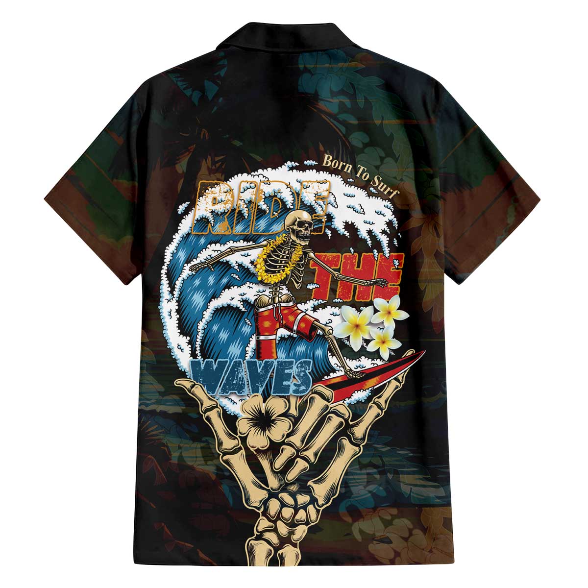 Aloha Hawaii Surfing Skull Family Matching Off The Shoulder Long Sleeve Dress and Hawaiian Shirt Shaka Skeleton Ride The Waves - Polynesian Pride