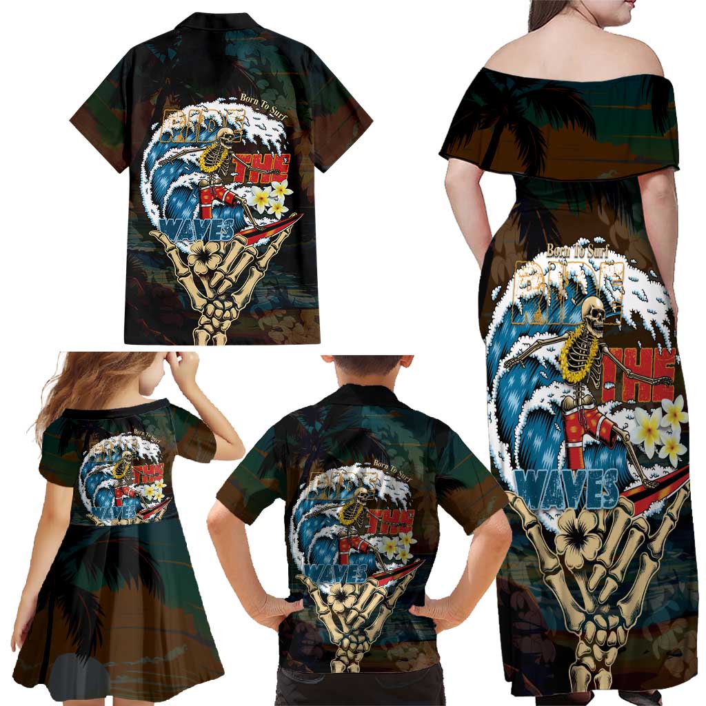 Aloha Hawaii Surfing Skull Family Matching Off Shoulder Maxi Dress and Hawaiian Shirt Shaka Skeleton Ride The Waves - Polynesian Pride