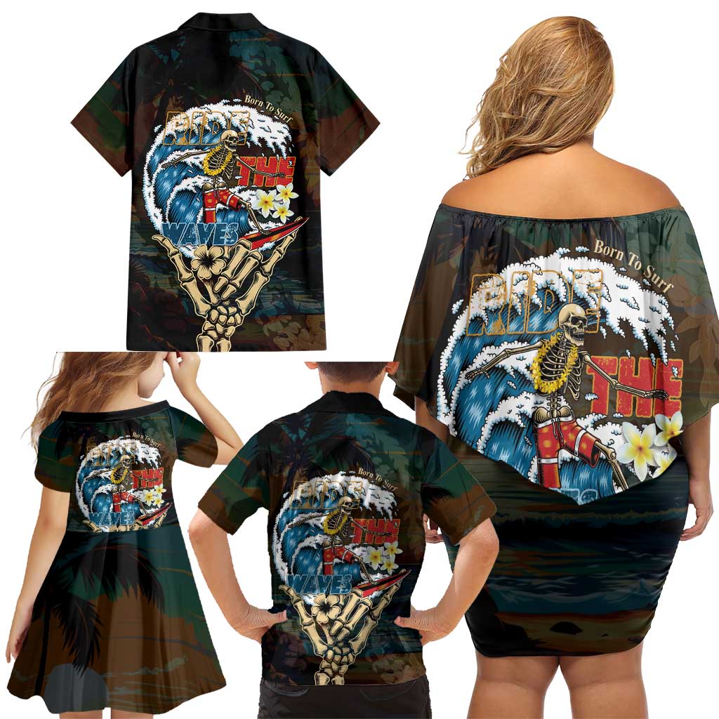 Aloha Hawaii Surfing Skull Family Matching Off Shoulder Short Dress and Hawaiian Shirt Shaka Skeleton Ride The Waves - Polynesian Pride