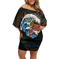 Aloha Hawaii Surfing Skull Family Matching Off Shoulder Short Dress and Hawaiian Shirt Shaka Skeleton Ride The Waves - Polynesian Pride