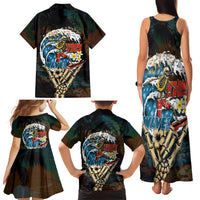 Aloha Hawaii Surfing Skull Family Matching Tank Maxi Dress and Hawaiian Shirt Shaka Skeleton Ride The Waves - Polynesian Pride