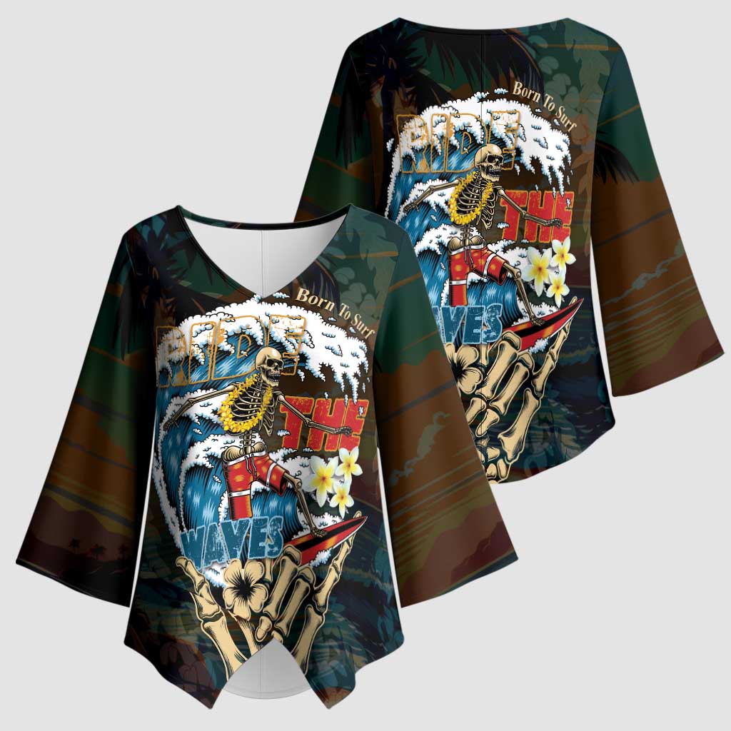 Aloha Hawaii Surfing Skull Kimono Sleeve Blouse Shaka Skeleton Ride The Waves - Polynesian Pride