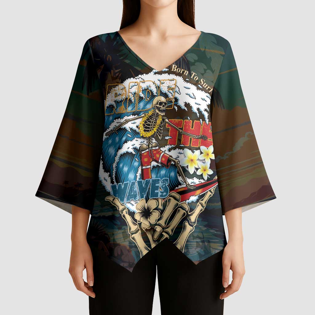 Aloha Hawaii Surfing Skull Kimono Sleeve Blouse Shaka Skeleton Ride The Waves - Polynesian Pride