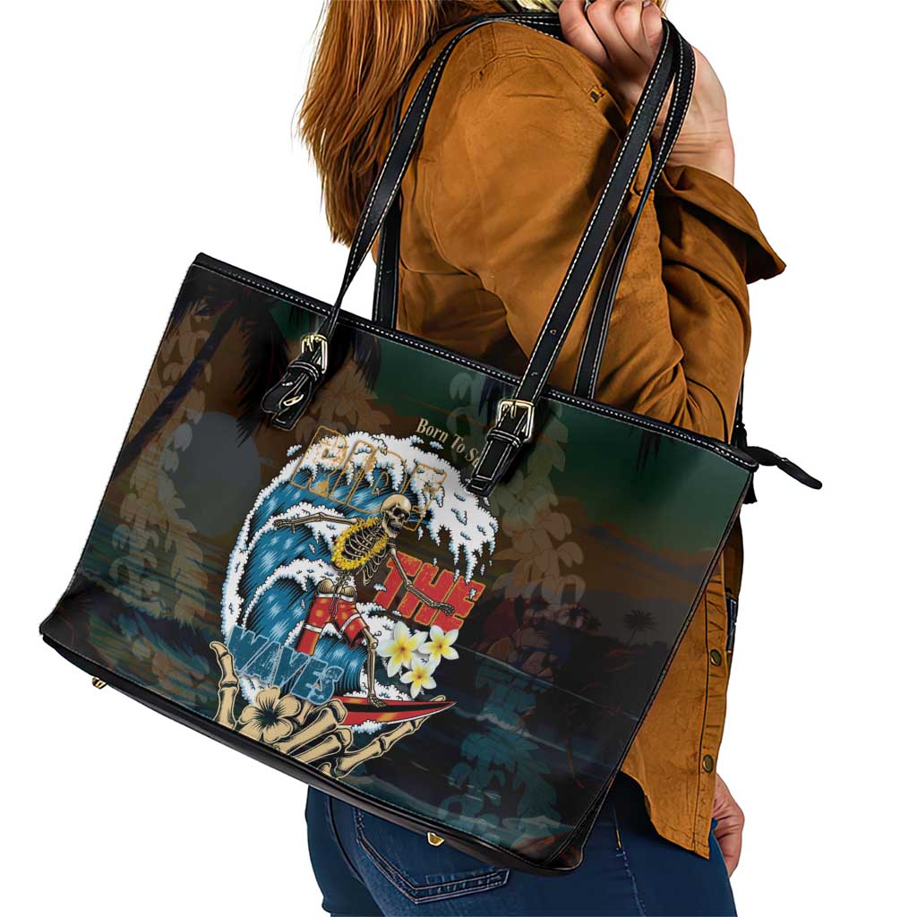 Aloha Hawaii Surfing Skull Leather Tote Bag Shaka Skeleton Ride The Waves - Polynesian Pride