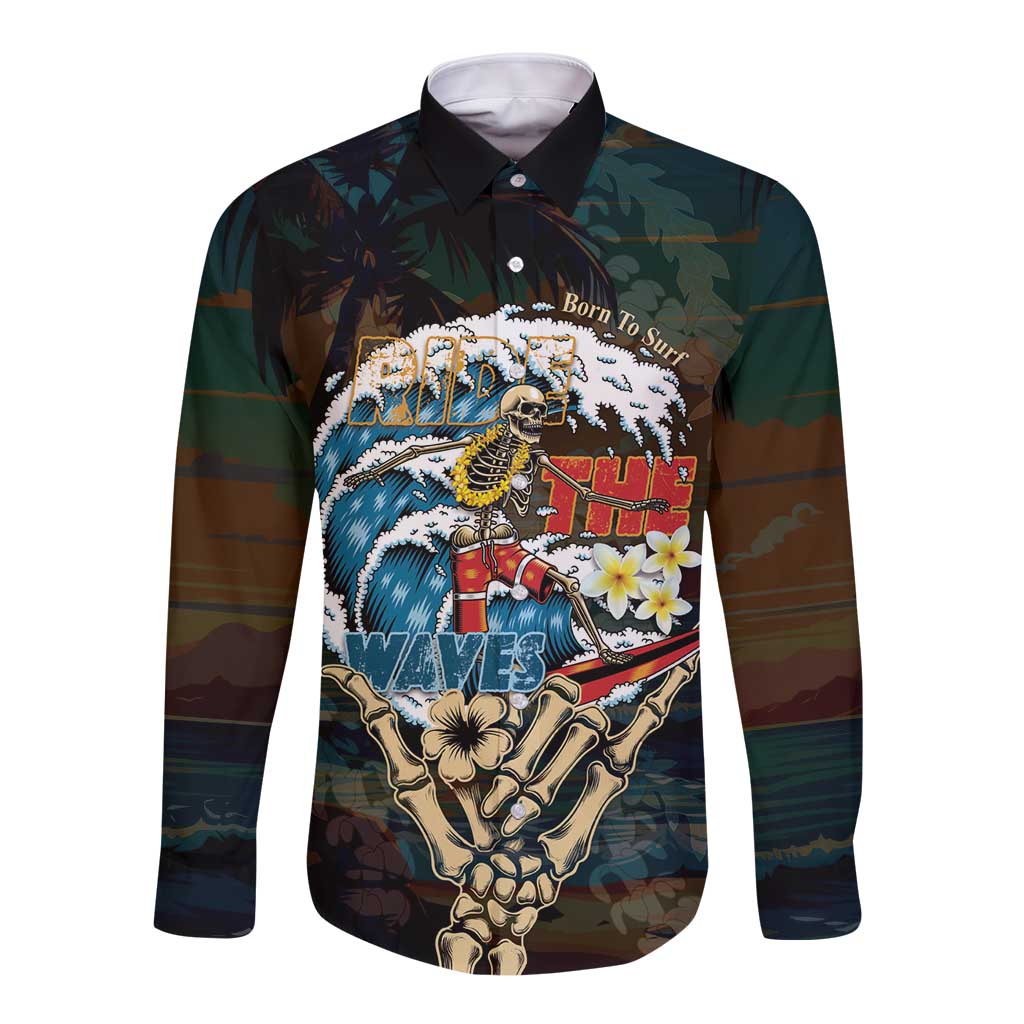 Aloha Hawaii Surfing Skull Long Sleeve Button Shirt Shaka Skeleton Ride The Waves - Polynesian Pride