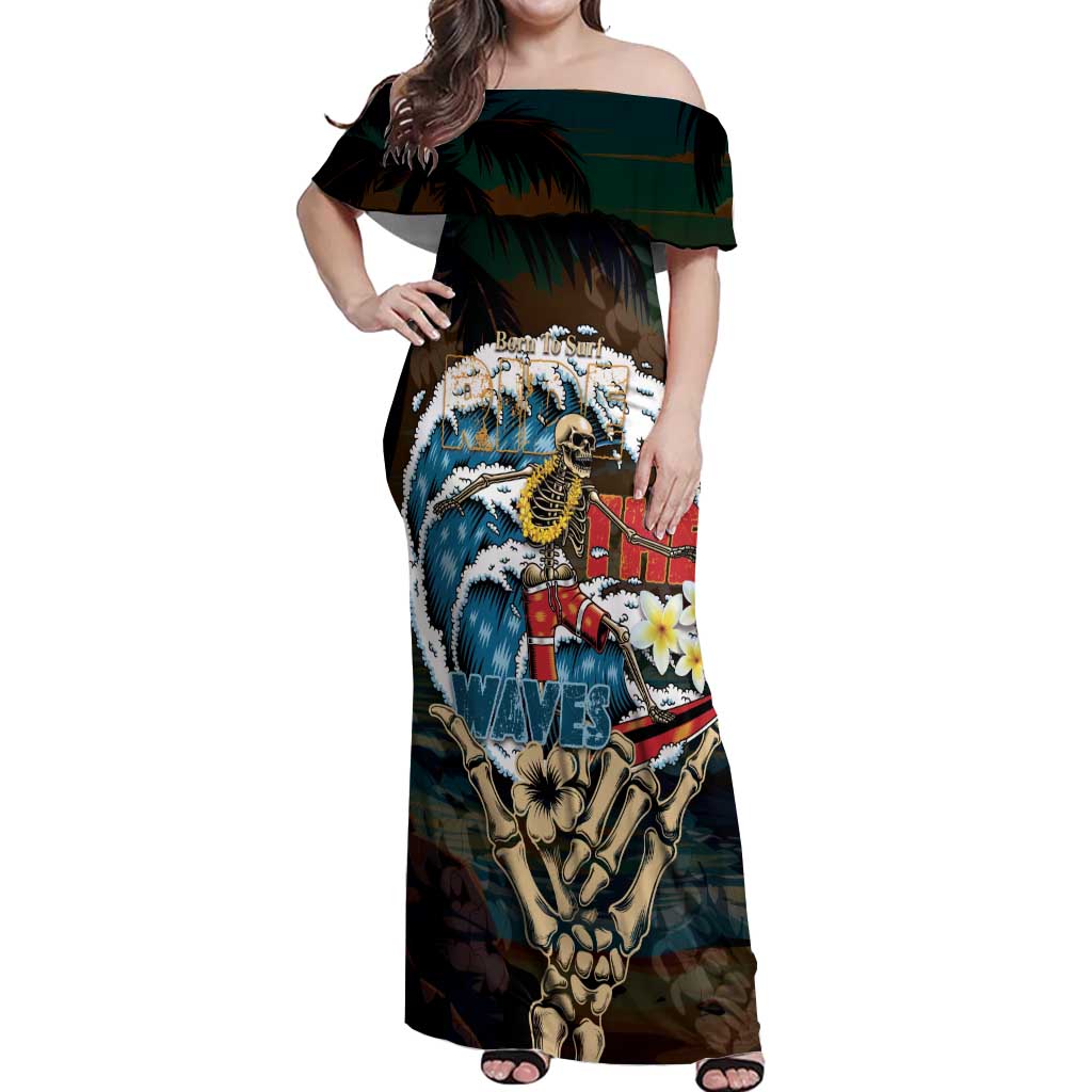 Aloha Hawaii Surfing Skull Off Shoulder Maxi Dress Shaka Skeleton Ride The Waves - Polynesian Pride