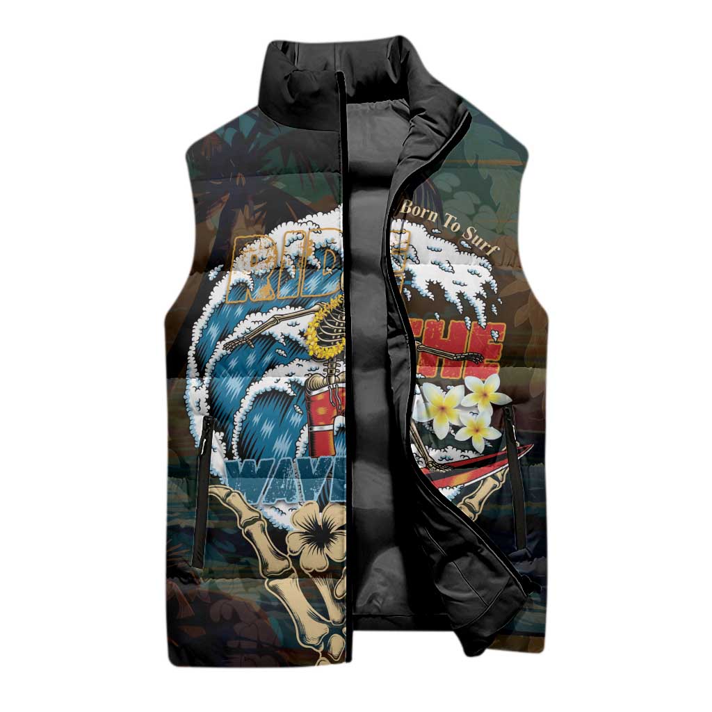 Aloha Hawaii Surfing Skull Sleeveless Puffer Jacket Shaka Skeleton Ride The Waves - Polynesian Pride