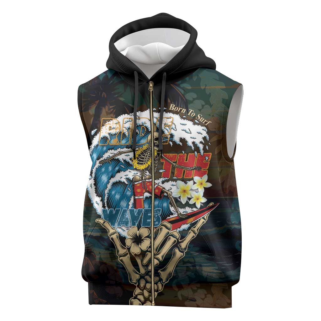 Aloha Hawaii Surfing Skull Sleeveless Zip Hoodie Shaka Skeleton Ride The Waves - Polynesian Pride