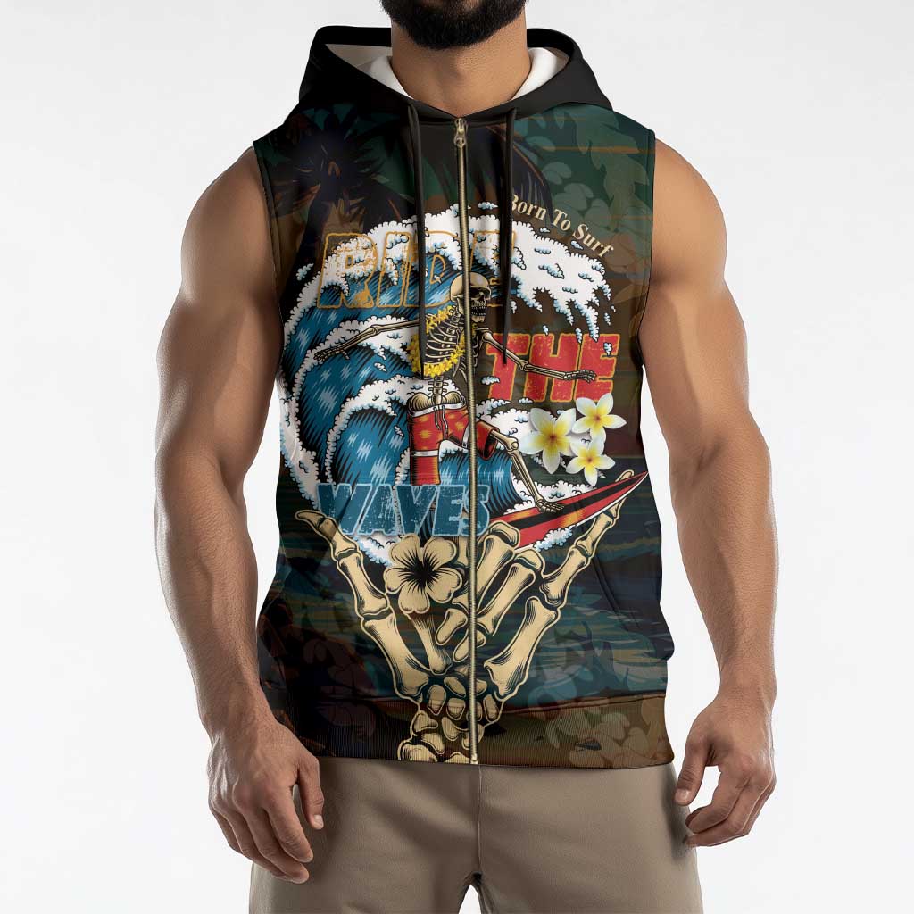 Aloha Hawaii Surfing Skull Sleeveless Zip Hoodie Shaka Skeleton Ride The Waves - Polynesian Pride