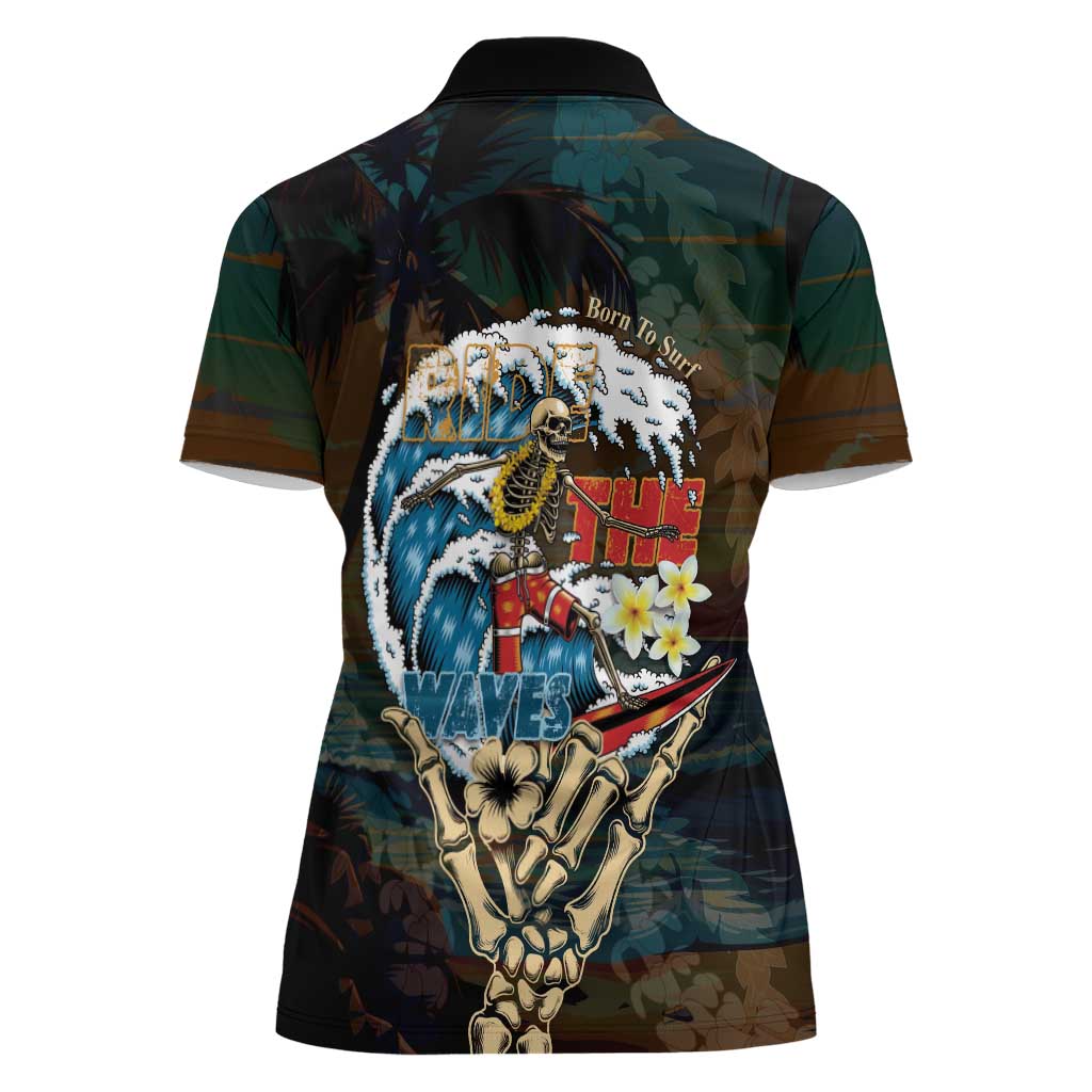Aloha Hawaii Surfing Skull Women Polo Shirt Shaka Skeleton Ride The Waves - Polynesian Pride