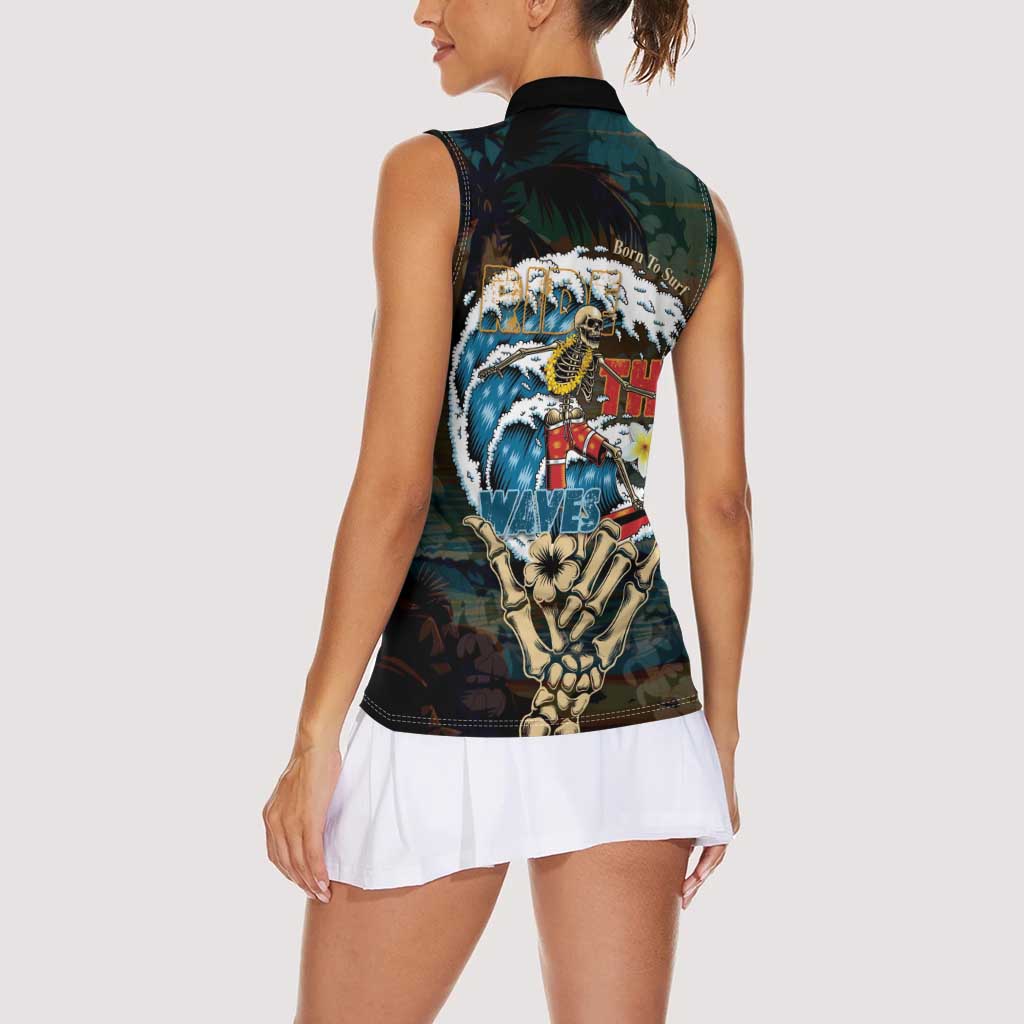 Aloha Hawaii Surfing Skull Women Sleeveless Polo Shirt Shaka Skeleton Ride The Waves - Polynesian Pride