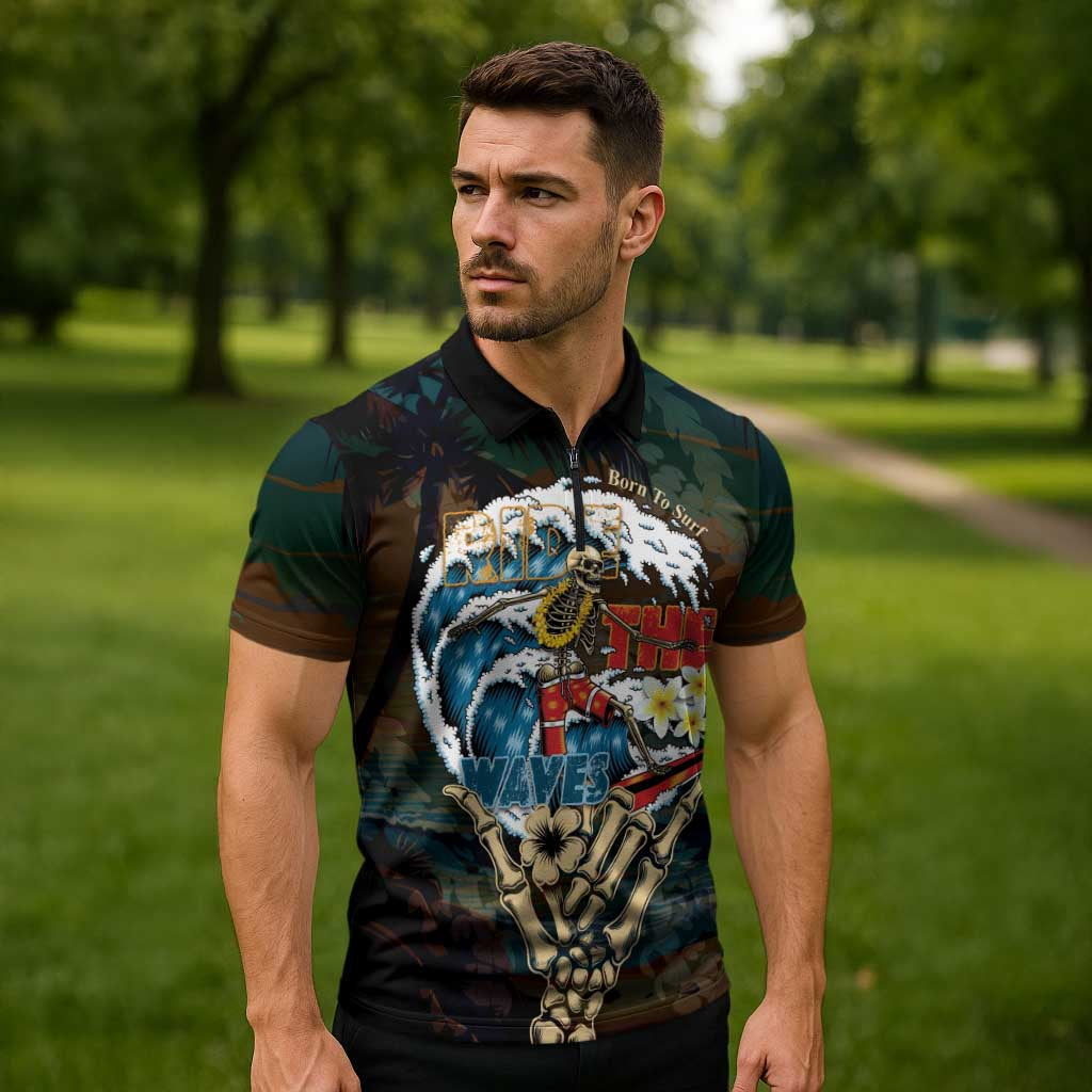 Aloha Hawaii Surfing Skull Zipper Polo Shirt Shaka Skeleton Ride The Waves - Polynesian Pride