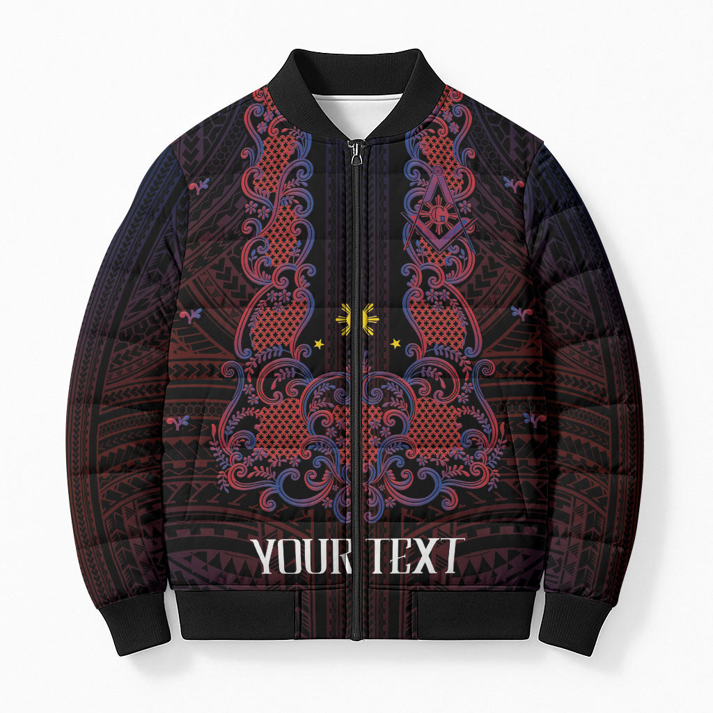 Personalised Philippines Barong Tagalog Freemasonry Bomber Puffer Jacket Filipino Masonic Polynesian Pattern LT14 Unisex Black - Polynesian Pride