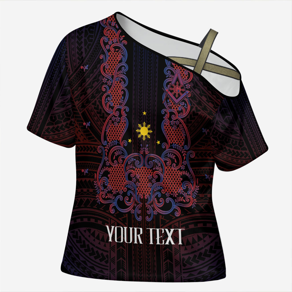 Personalised Philippines Barong Tagalog Freemasonry Cross Shoulder Shirt Filipino Masonic Polynesian Pattern LT14 Female Black - Polynesian Pride