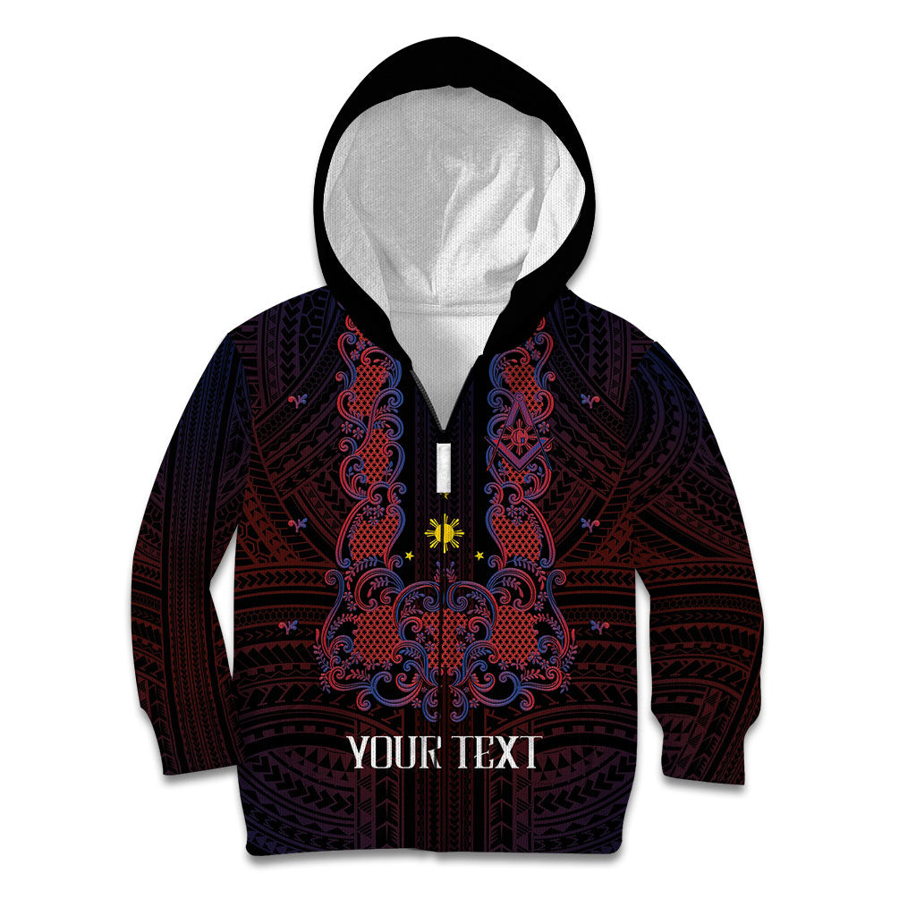 Personalised Philippines Barong Tagalog Freemasonry Kid Hoodie Filipino Masonic Polynesian Pattern LT14 Zip Hoodie Black - Polynesian Pride