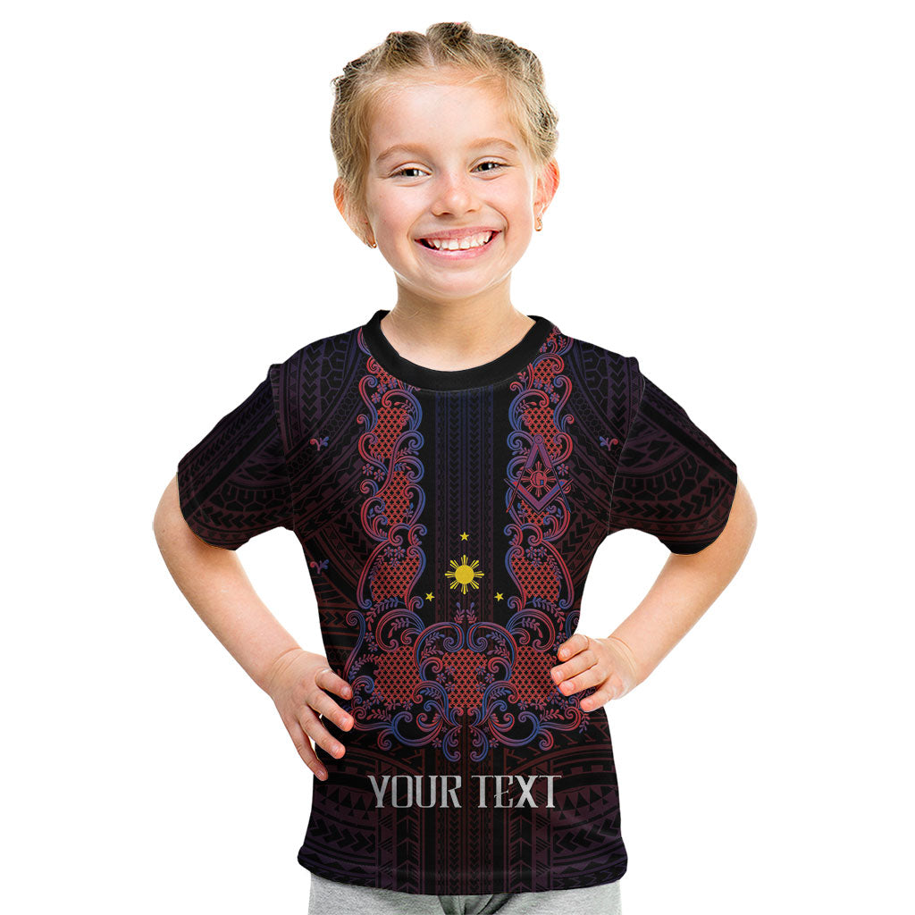 Personalised Philippines Barong Tagalog Freemasonry Kid T Shirt Filipino Masonic Polynesian Pattern LT14 Black - Polynesian Pride