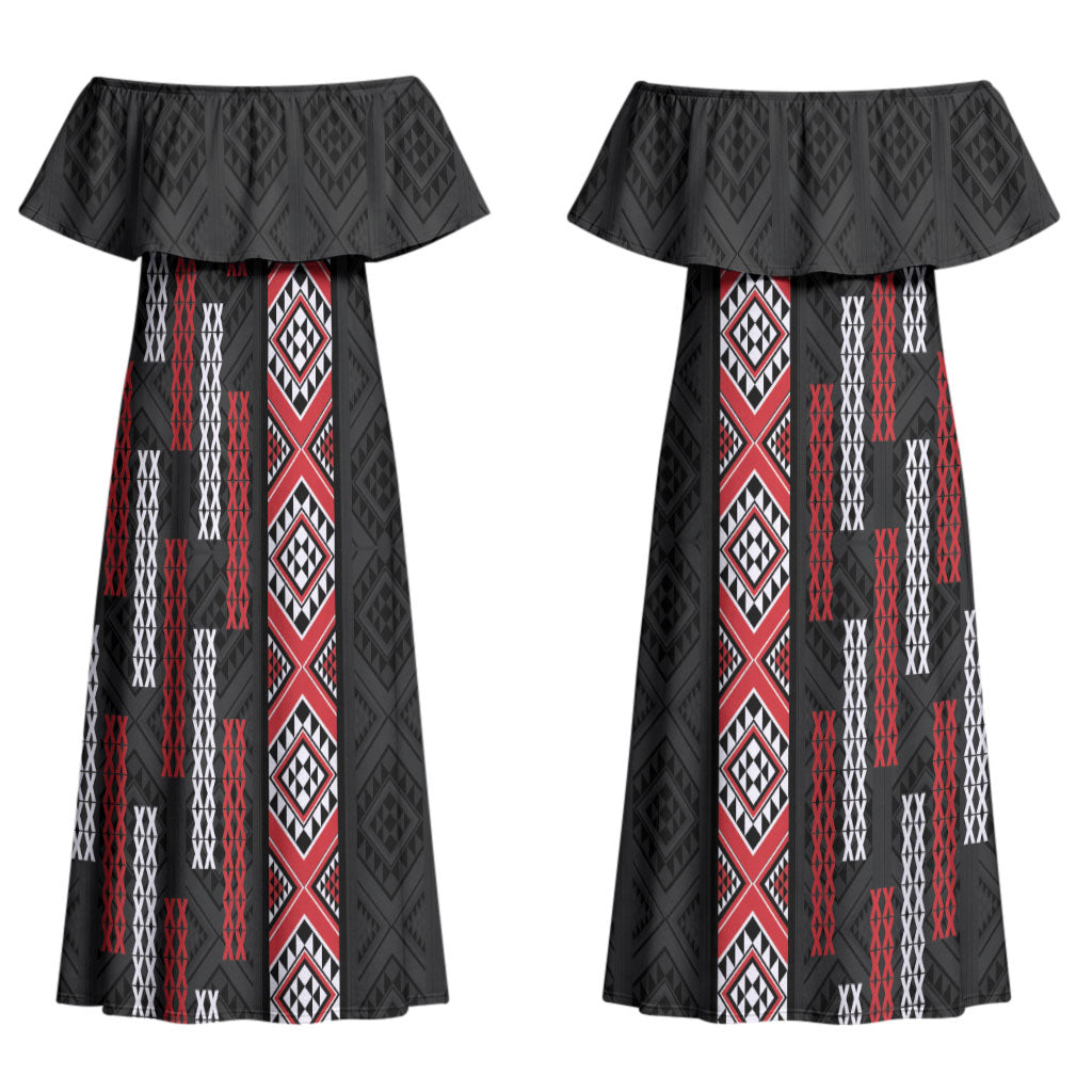 Roimata Toroa Maori Taniko Inspired New Zealand Couples Matching Off Shoulder Maxi Dress and Long Sleeve Button Shirt LT14 - Polynesian Pride