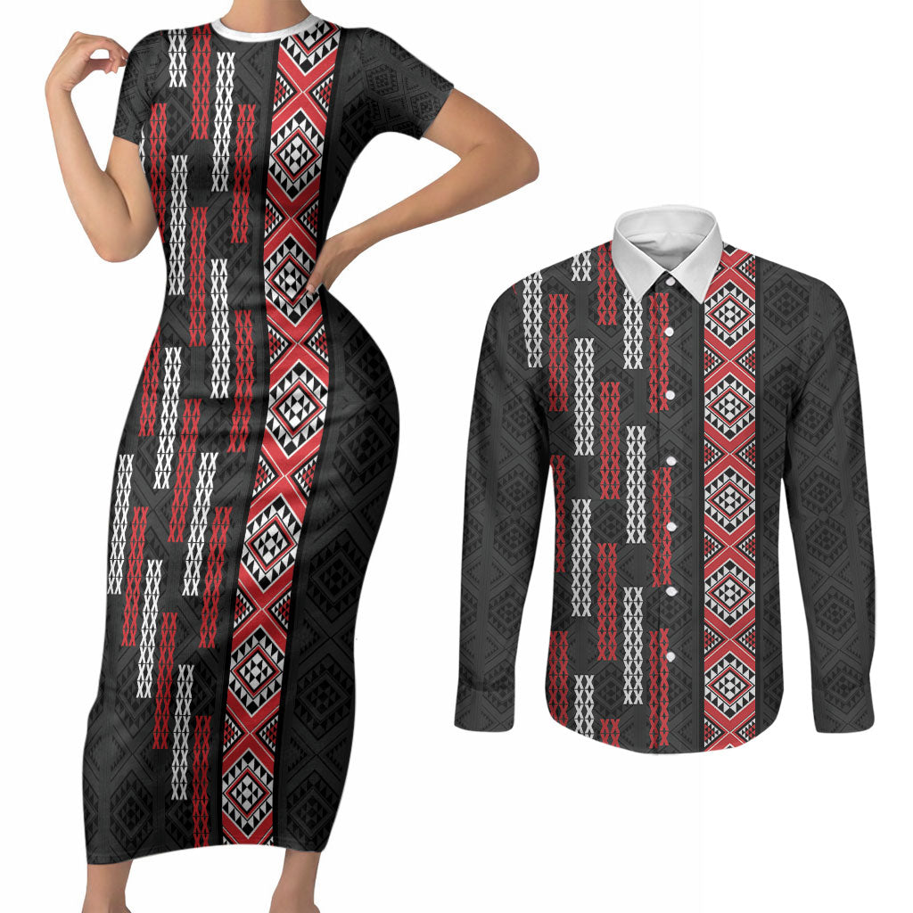 Roimata Toroa Maori Taniko Inspired New Zealand Couples Matching Short Sleeve Bodycon Dress and Long Sleeve Button Shirt LT14 Black - Polynesian Pride
