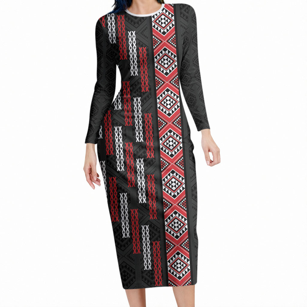 Roimata Toroa Maori Taniko Inspired New Zealand Long Sleeve Bodycon Dress LT14 Long Dress Black - Polynesian Pride