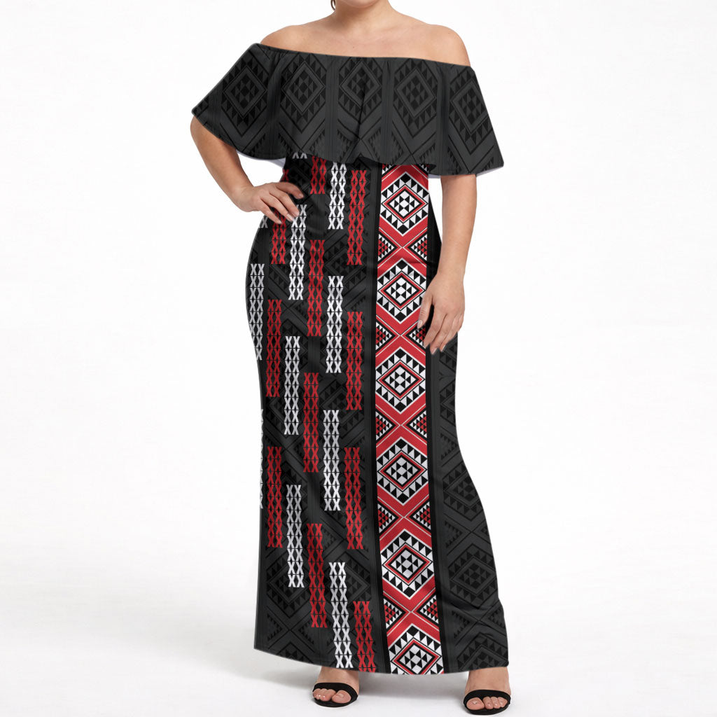 Roimata Toroa Maori Taniko Inspired New Zealand Off Shoulder Maxi Dress LT14 Women Black - Polynesian Pride