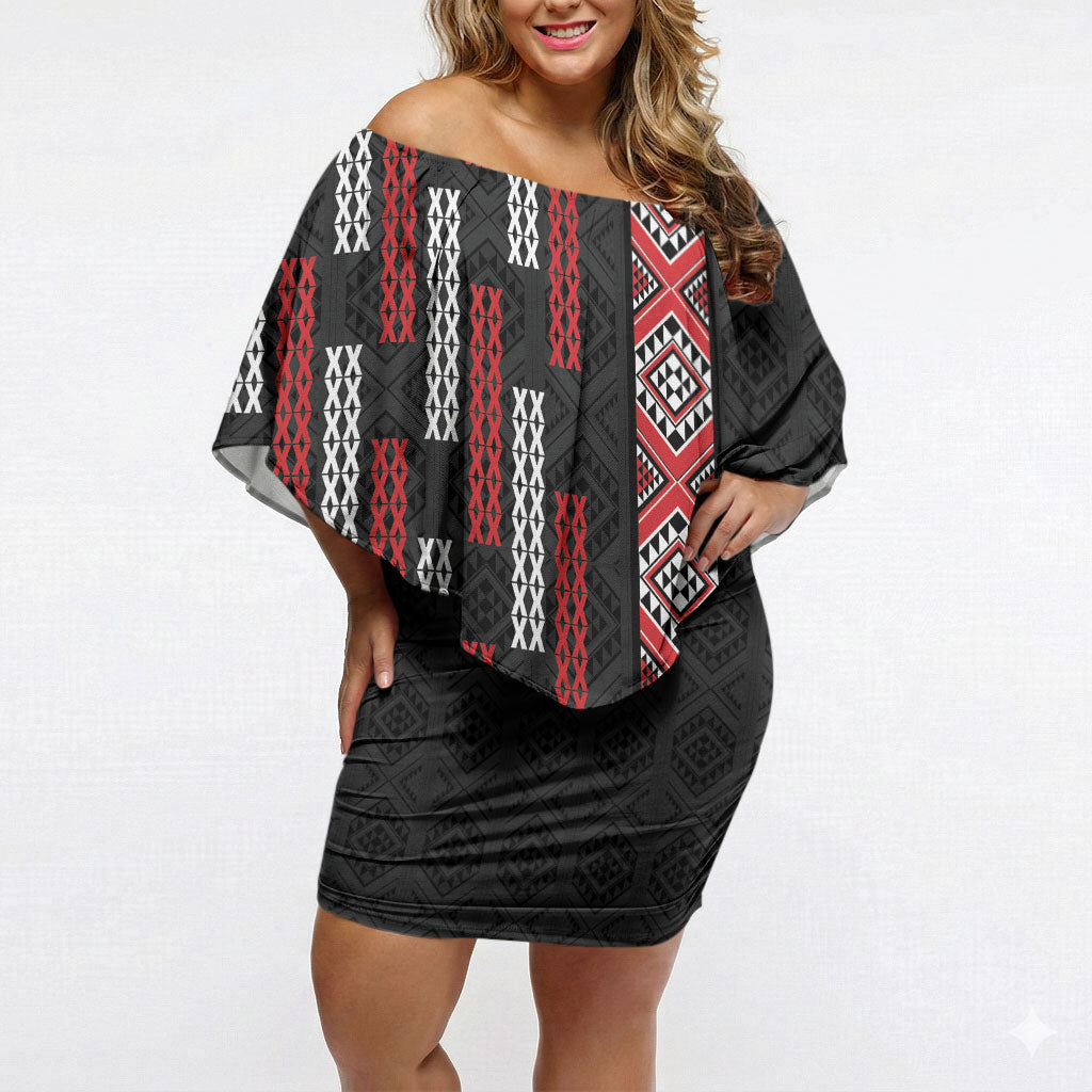 Roimata Toroa Maori Taniko Inspired New Zealand Off Shoulder Short Dress LT14 Women Black - Polynesian Pride