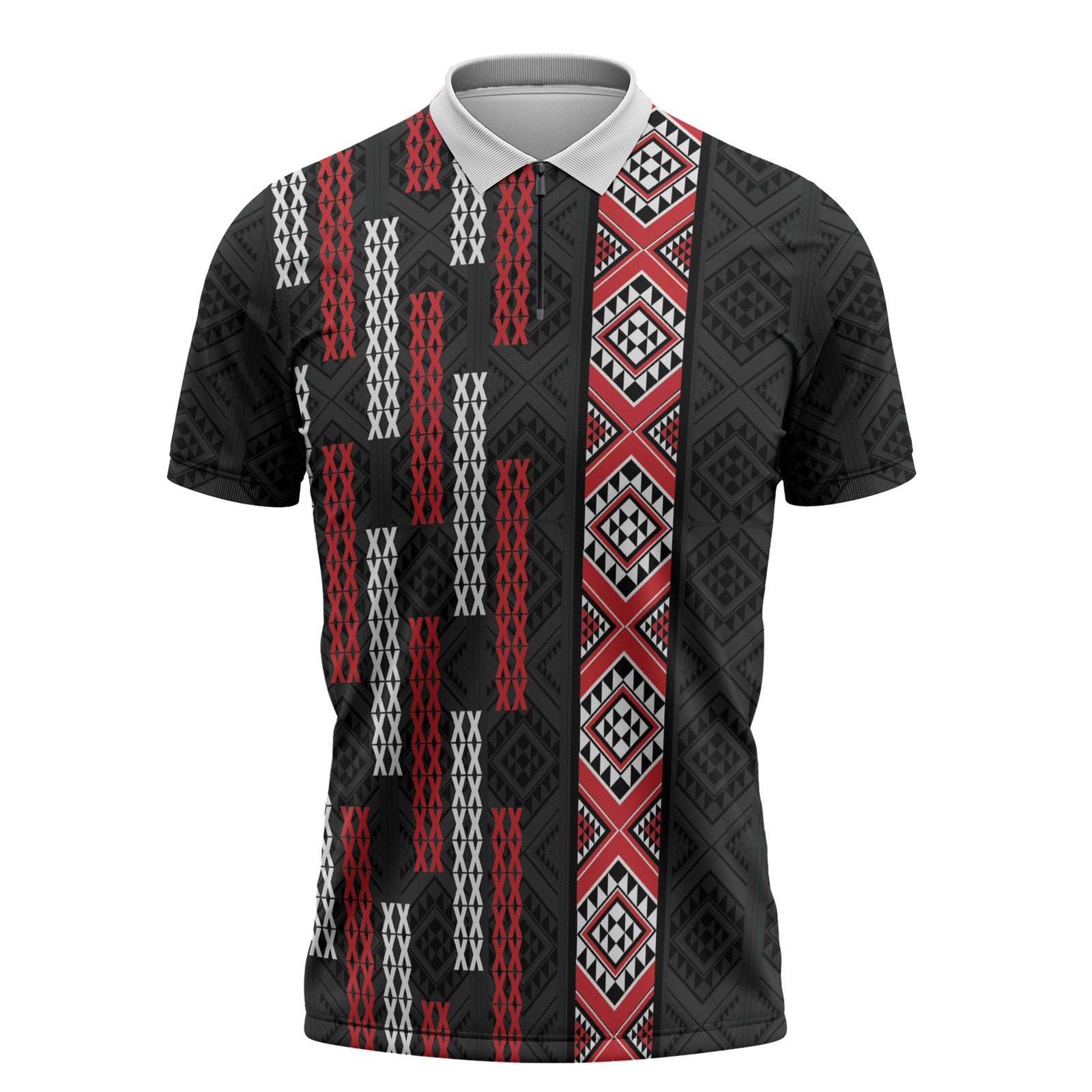 Roimata Toroa Maori Taniko Inspired New Zealand Zipper Polo Shirt LT14 Black - Polynesian Pride