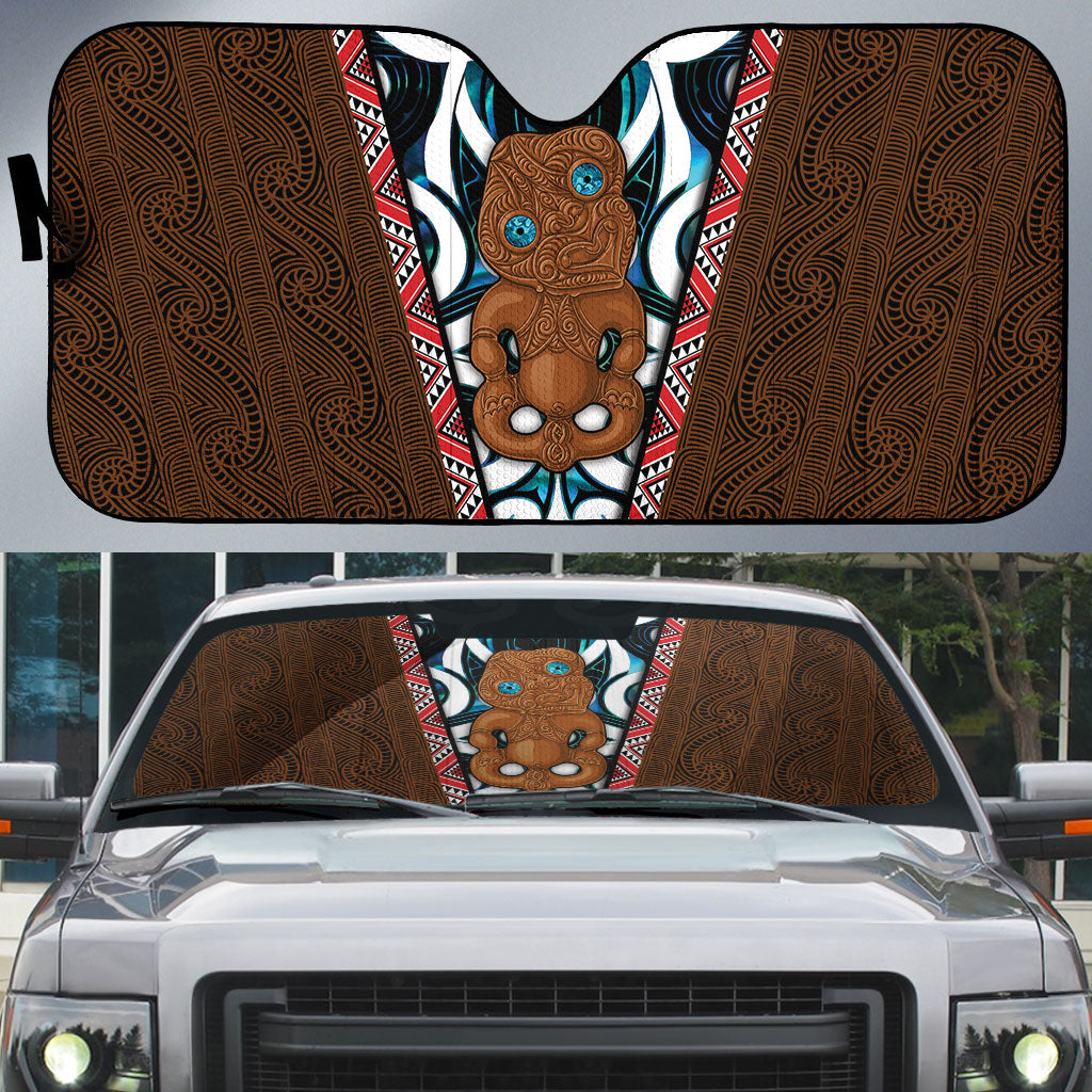 New Zealand Whakairo Auto Sun Shade Tiki Maori Carving Taniko Motifs LT14 Multicolor - Polynesian Pride
