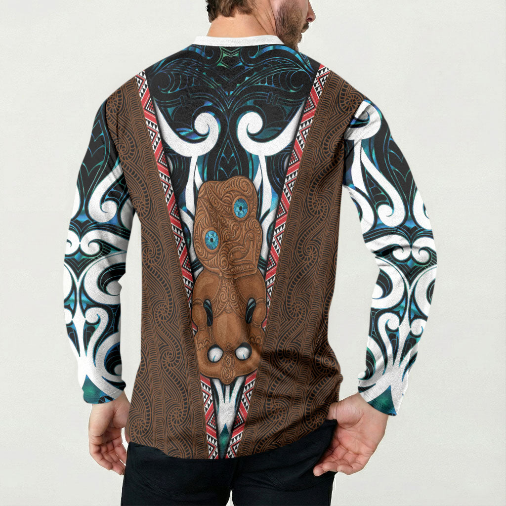 New Zealand Whakairo Button Sweatshirt Tiki Maori Carving Taniko Motifs LT14 - Polynesian Pride