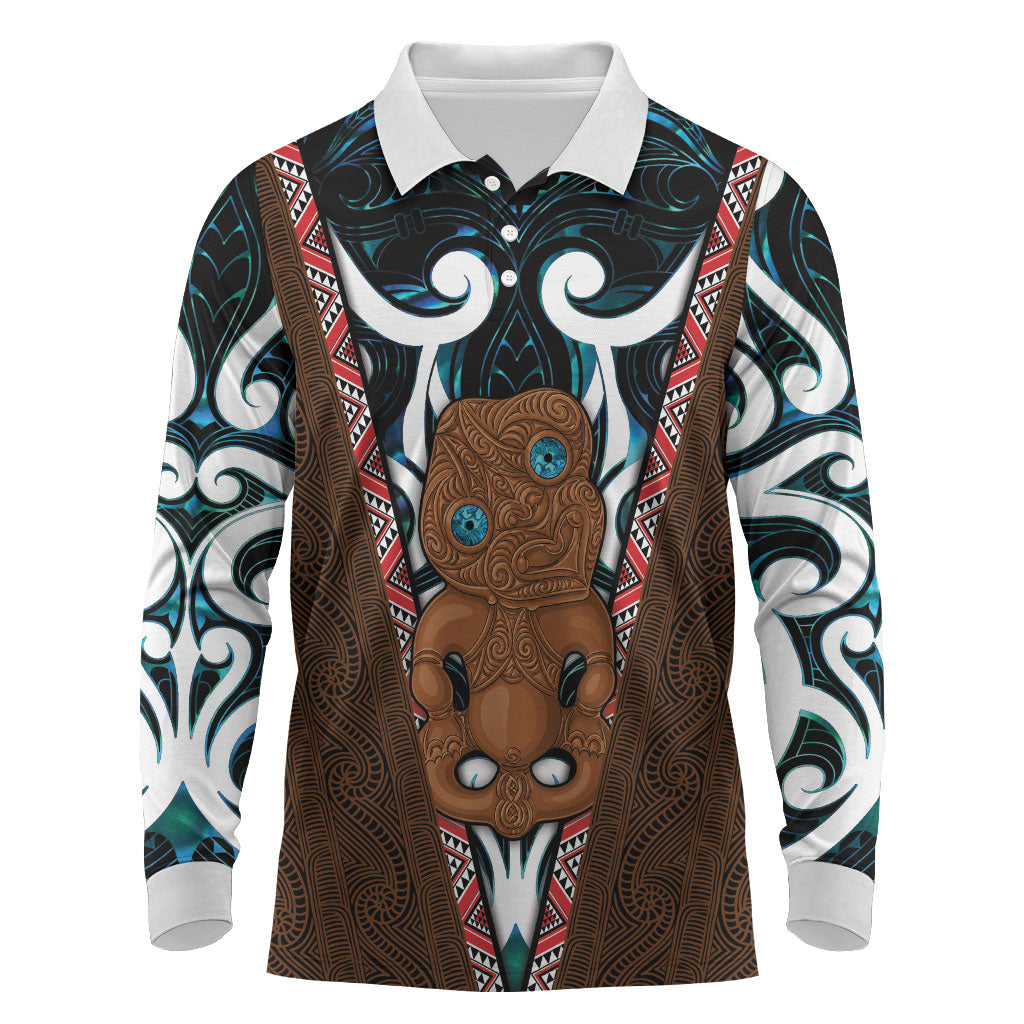 New Zealand Whakairo Long Sleeve Polo Shirt Tiki Maori Carving Taniko Motifs LT14 Multicolor - Polynesian Pride