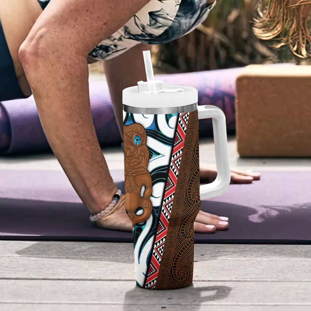 New Zealand Whakairo Tumbler With Handle Tiki Maori Carving Taniko Motifs LT14 - Polynesian Pride