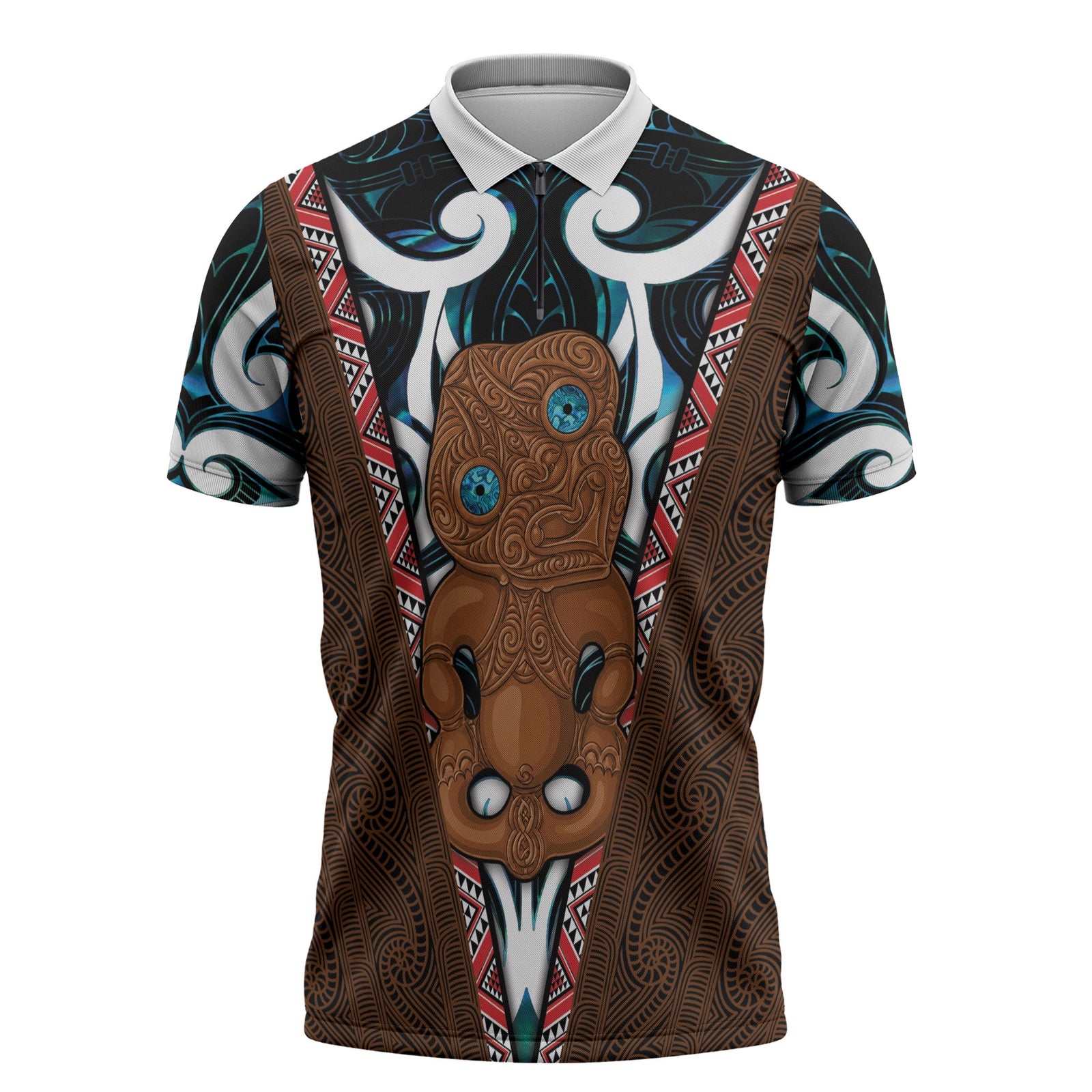 New Zealand Whakairo Zipper Polo Shirt Tiki Maori Carving Taniko Motifs LT14 Multicolor - Polynesian Pride