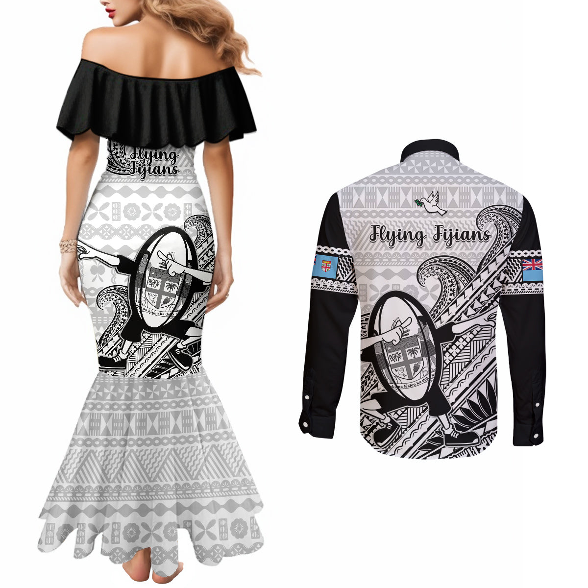 Fiji Tapa Rugby Couples Matching Mermaid Dress and Long Sleeve Button Shirts Flying Fijian 2023 World Cup With Dabbing Ball LT14 - Polynesian Pride