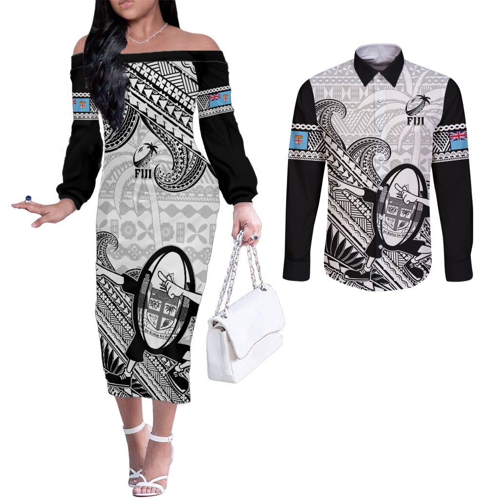 Fiji Tapa Rugby Couples Matching Off The Shoulder Long Sleeve Dress and Long Sleeve Button Shirts Flying Fijian 2023 World Cup With Dabbing Ball LT14 White - Polynesian Pride