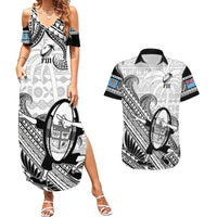 Fiji Tapa Rugby Couples Matching Summer Maxi Dress and Hawaiian Shirt Flying Fijian 2023 World Cup With Dabbing Ball LT14 White - Polynesian Pride