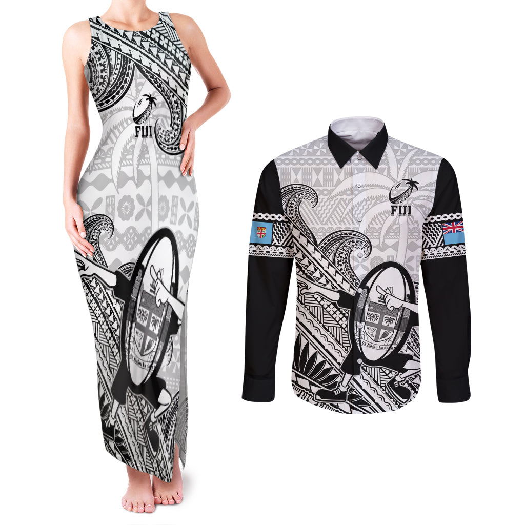 Fiji Tapa Rugby Couples Matching Tank Maxi Dress and Long Sleeve Button Shirts Flying Fijian 2023 World Cup With Dabbing Ball LT14 White - Polynesian Pride