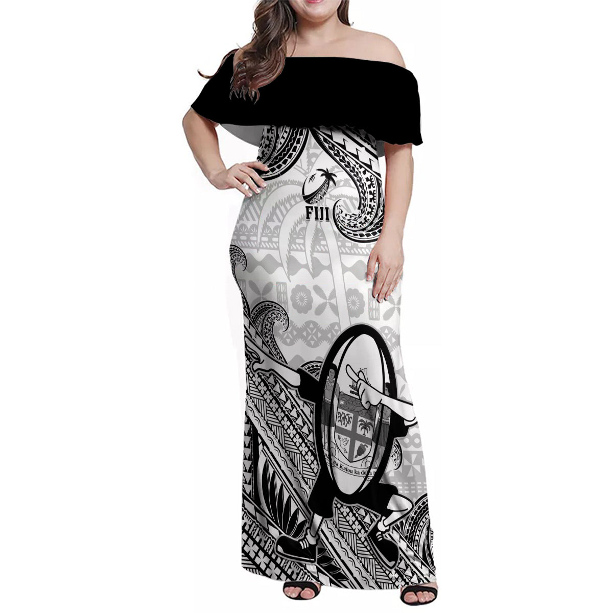 Fiji Tapa Rugby Family Matching Off Shoulder Maxi Dress and Hawaiian Shirt Flying Fijian 2023 World Cup With Dabbing Ball LT14 Mom's Dress White - Polynesian Pride