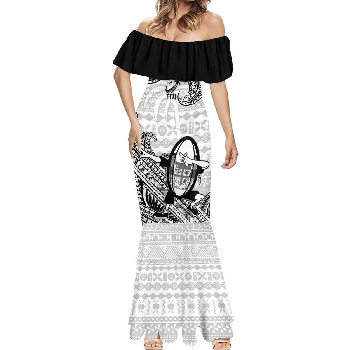 Fiji Tapa Rugby Mermaid Dress Flying Fijian 2023 World Cup With Dabbing Ball LT14 - Polynesian Pride