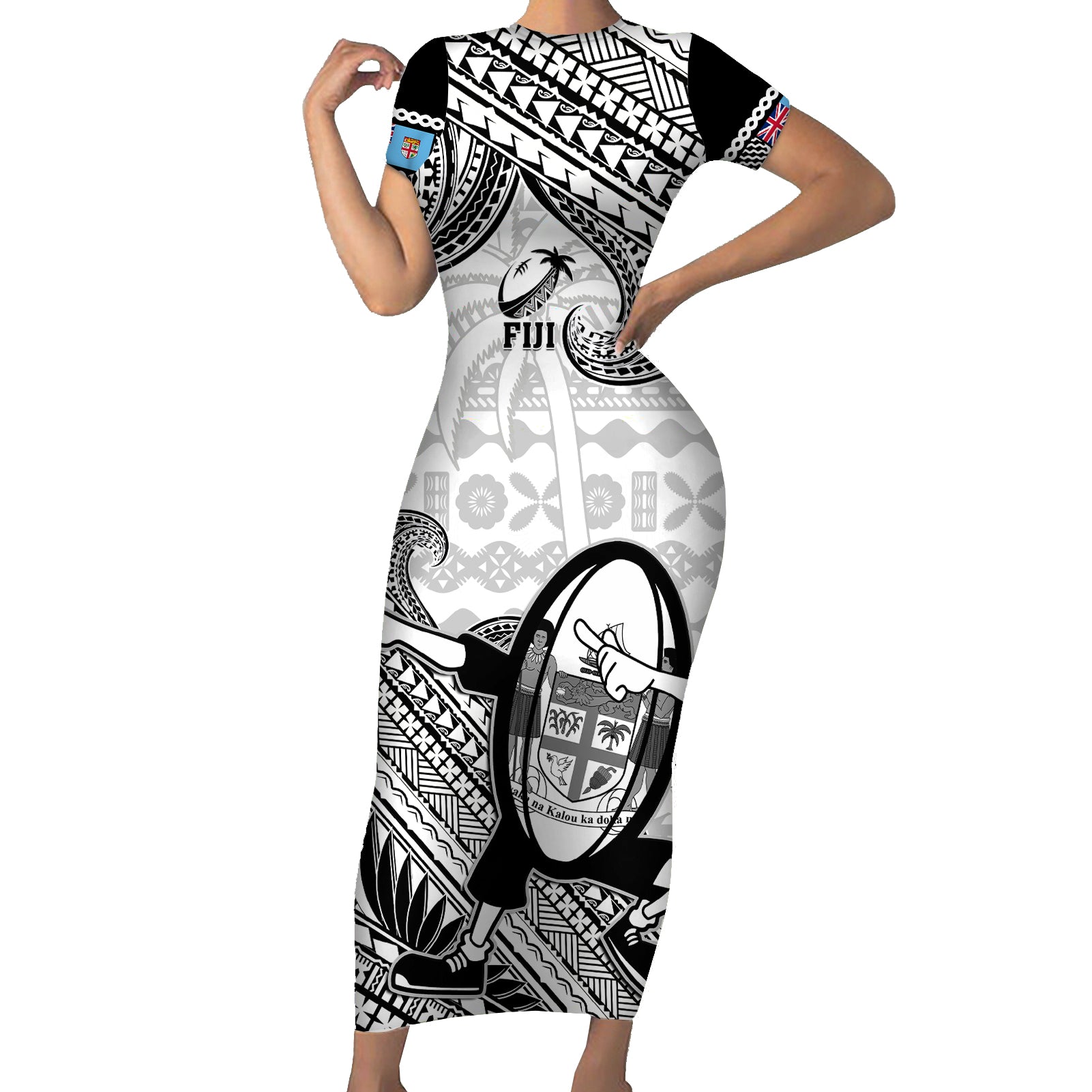 Fiji Tapa Rugby Short Sleeve Bodycon Dress Flying Fijian 2023 World Cup With Dabbing Ball LT14 Long Dress White - Polynesian Pride