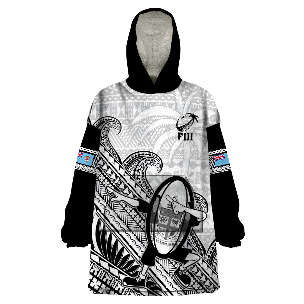 Fiji Tapa Rugby Wearable Blanket Hoodie Flying Fijian 2023 World Cup With Dabbing Ball LT14 One Size White - Polynesian Pride