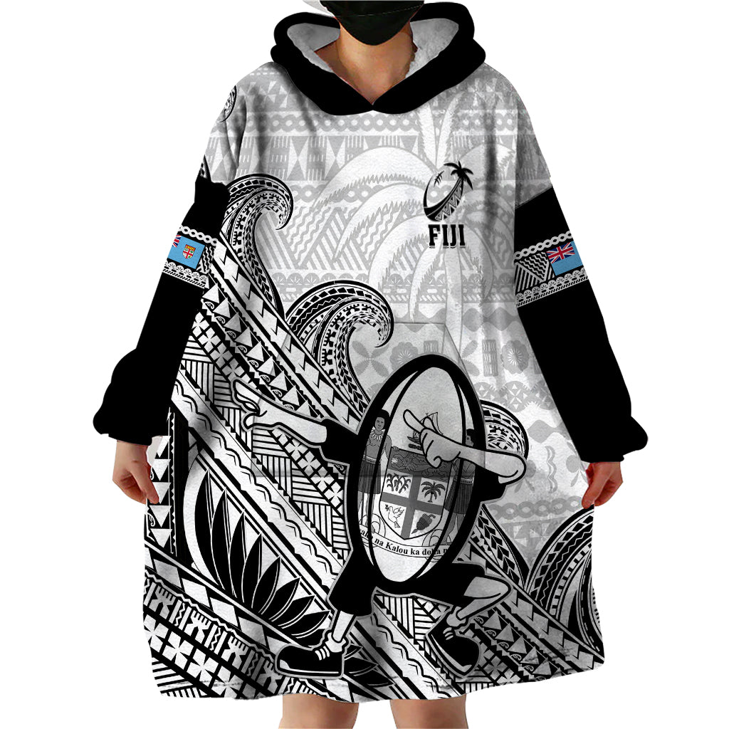 Fiji Tapa Rugby Wearable Blanket Hoodie Flying Fijian 2023 World Cup With Dabbing Ball LT14 - Polynesian Pride