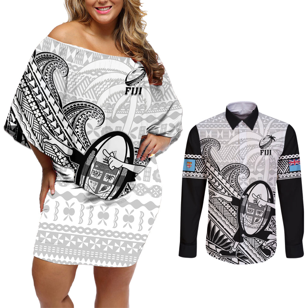 Custom Fiji Tapa Rugby Couples Matching Off Shoulder Short Dress and Long Sleeve Button Shirts Flying Fijian 2023 World Cup With Dabbing Ball LT14 White - Polynesian Pride