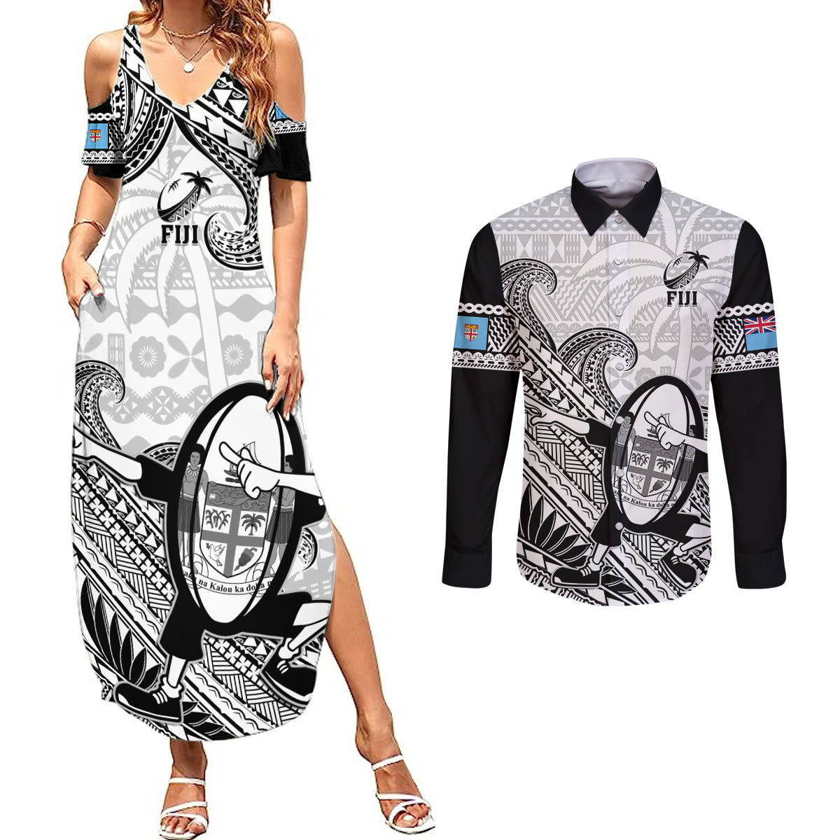 Custom Fiji Tapa Rugby Couples Matching Summer Maxi Dress and Long Sleeve Button Shirts Flying Fijian 2023 World Cup With Dabbing Ball LT14 White - Polynesian Pride
