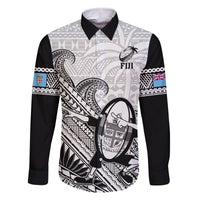 Custom Fiji Tapa Rugby Family Matching Long Sleeve Bodycon Dress and Hawaiian Shirt Flying Fijian 2023 World Cup With Dabbing Ball LT14 Dad's Shirt - Long Sleeve White - Polynesian Pride
