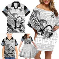 Custom Fiji Tapa Rugby Family Matching Off Shoulder Short Dress and Hawaiian Shirt Flying Fijian 2023 World Cup With Dabbing Ball LT14 - Polynesian Pride