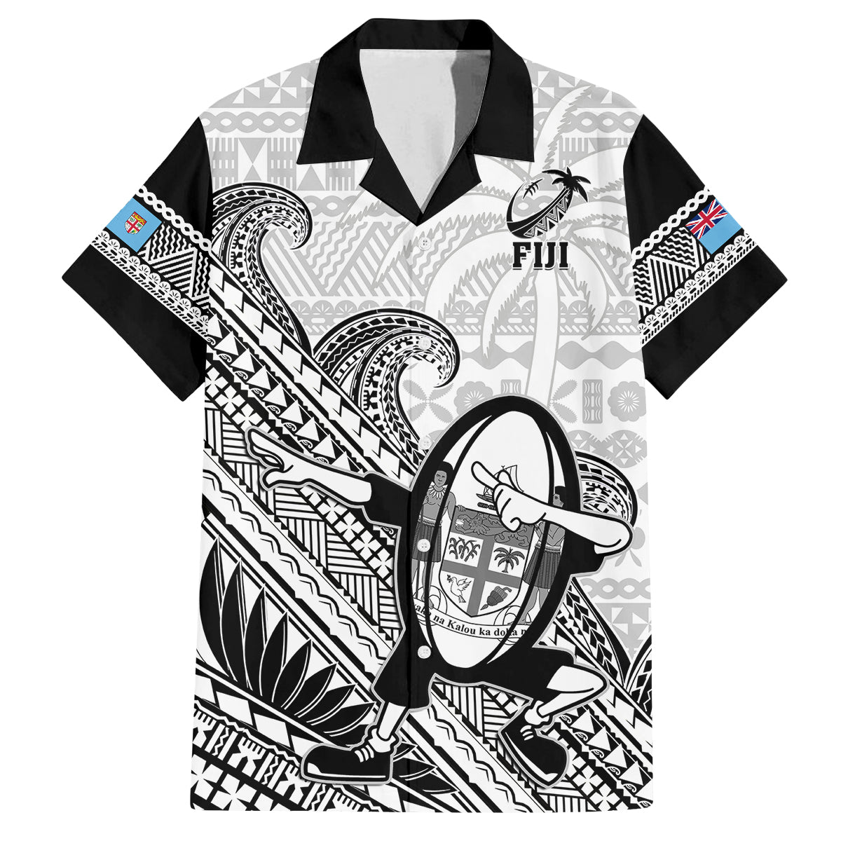 Custom Fiji Tapa Rugby Family Matching Puletasi Dress and Hawaiian Shirt Flying Fijian 2023 World Cup With Dabbing Ball LT14 Dad's Shirt - Short Sleeve White - Polynesian Pride
