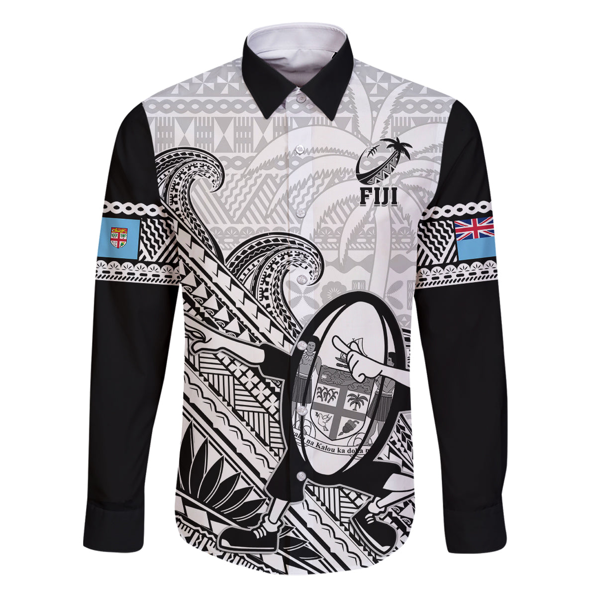 Custom Fiji Tapa Rugby Family Matching Summer Maxi Dress and Hawaiian Shirt Flying Fijian 2023 World Cup With Dabbing Ball LT14 Dad's Shirt - Long Sleeve White - Polynesian Pride