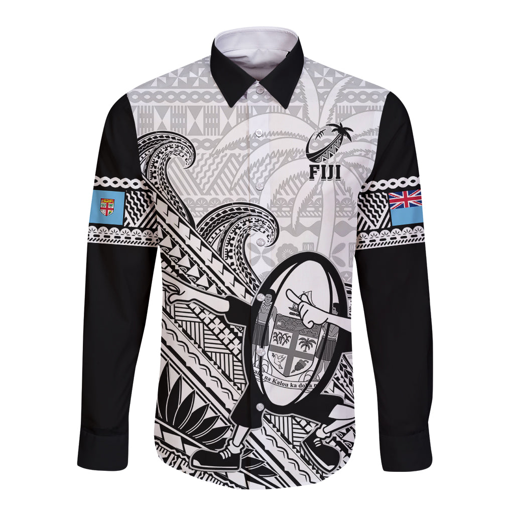 Custom Fiji Tapa Rugby Long Sleeve Button Shirt Flying Fijian 2023 World Cup With Dabbing Ball LT14 Unisex White - Polynesian Pride