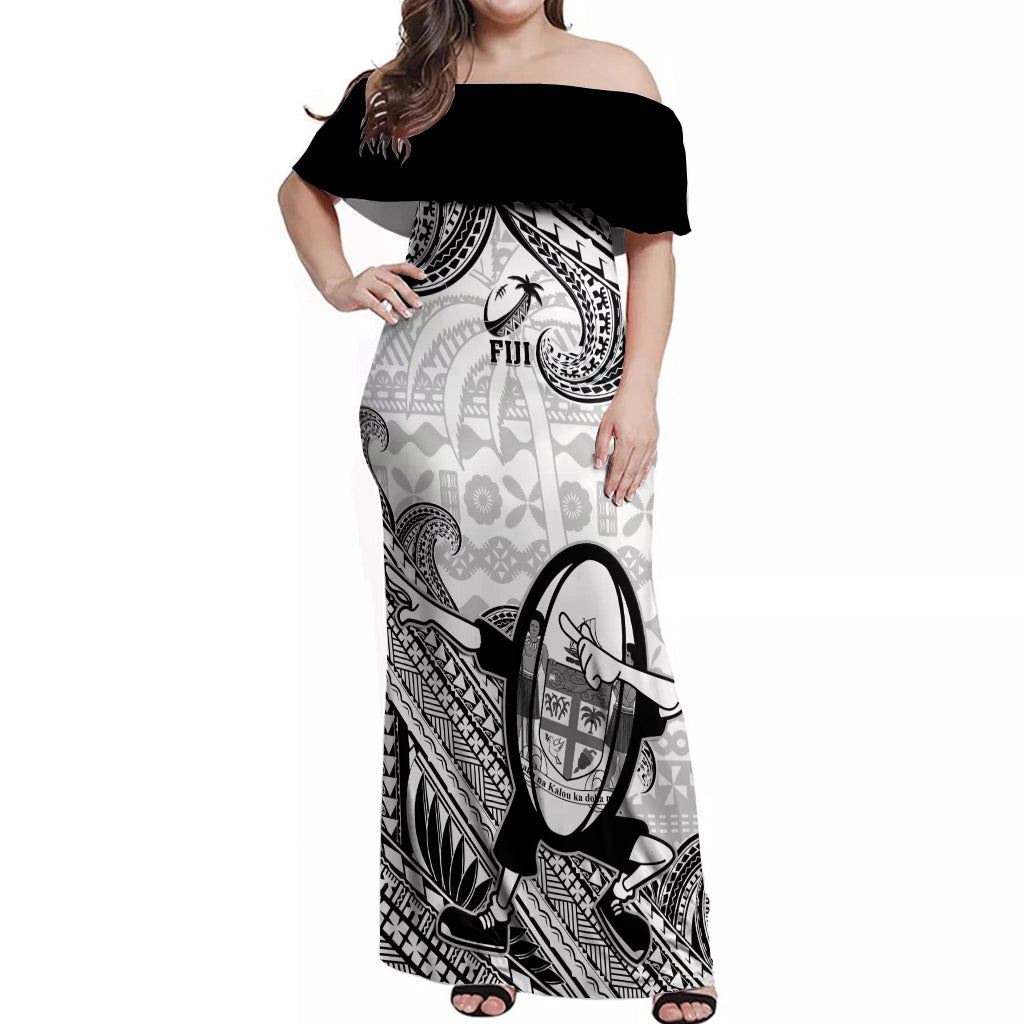 Custom Fiji Tapa Rugby Off Shoulder Maxi Dress Flying Fijian 2023 World Cup With Dabbing Ball LT14 Women White - Polynesian Pride